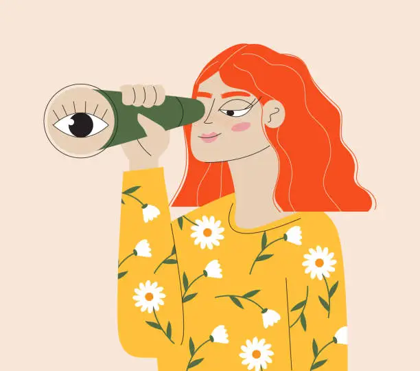 Vector illustration of Curious woman looks through spyglass, monocular. Business metaphor concept vector for UI.