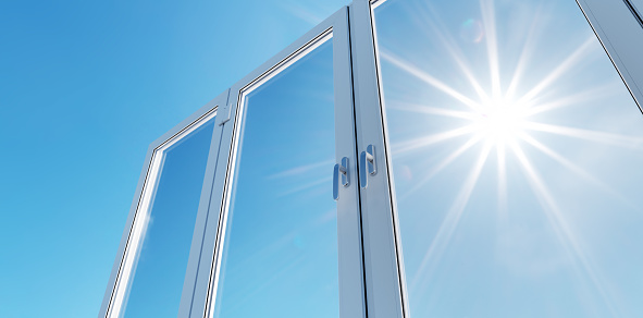 New clear and clean PCV windows on sunny sky. Product presentation