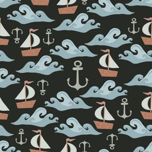Vector illustration of Seamless pattern on the marine theme. Vector image on a black background. Illustration in children's cartoon style. For fabrics, wallpaper