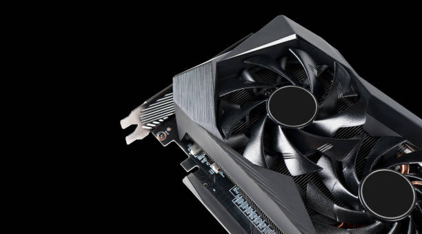 Video card with fan. Gaming graphics card for video games and cryptocurrency mining. Game video card isolated on black background. Electronic device, computer part. GPU card