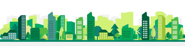 векторный плакат с загородными домами и небоскребами. современный город в зелени с домами и деревьями. - skyline earth silhouette city stock illustrations