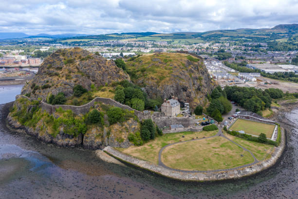 Dumbarton Rock And Castle. Dumbarton castle ancient rock volcano mountain island Dunbartonshire Scotland dumbarton castle stock pictures, royalty-free photos & images