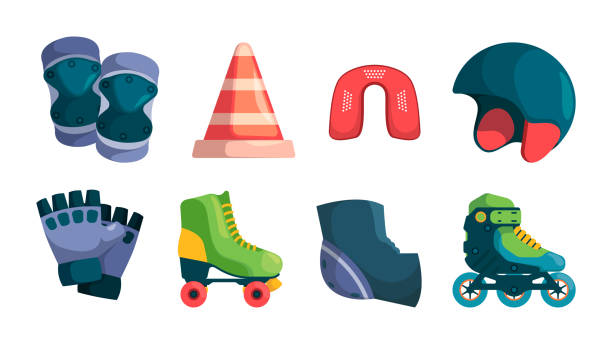 ilustrações de stock, clip art, desenhos animados e ícones de roller items. accessories for urban skate park retro rollers of 80s gloves helmet healthy activities tools garish vector cartoon illustrations - roller skate