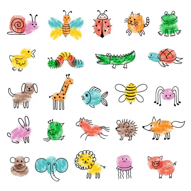 Vector illustration of Fingerprints for kids. Game preschool education art with funny insects drawing paintings steps recent vector finger art templates collection
