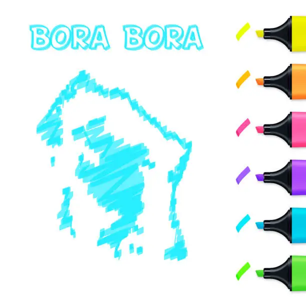 Vector illustration of Bora Bora map hand drawn with blue highlighter on white background