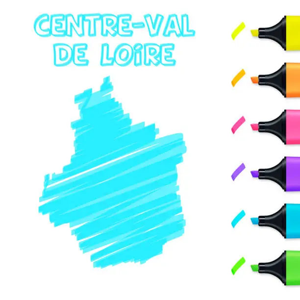 Vector illustration of Centre-Val de Loire map hand drawn with blue highlighter on white background