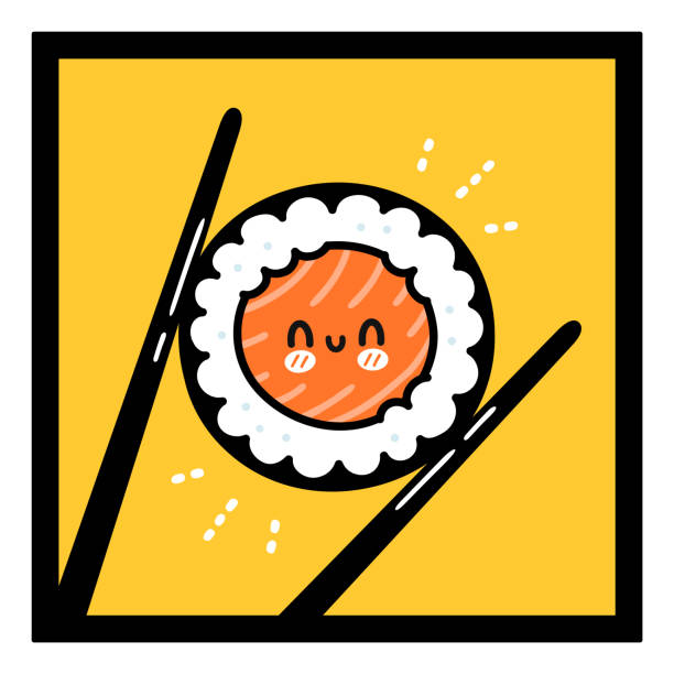 ilustraciones, imágenes clip art, dibujos animados e iconos de stock de palillos que sostienen el carácter de rollo de sushi feliz. vector dibujado a mano dibujos animados kawaii doodle icono de logotipo de ilustración de personajes. cara de dibujos animados de rollo de sushi, palillos, concepto de logotipo de restaurante de - alimentos y bebidas de dibujos animados