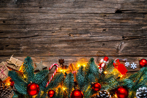 istock Christmas decoration background on wood table 1336075968
