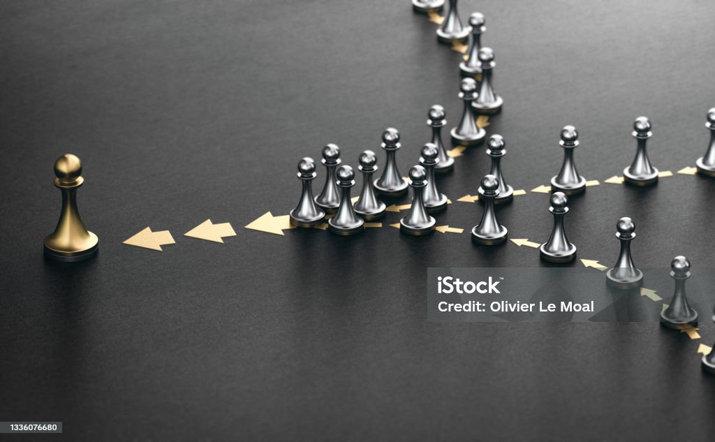Leader and followers over black background. Good leadership concept. 3D illustration of many pawns in a row over black background. Concept of lead. Following the leader. Leadership Stock Photo
