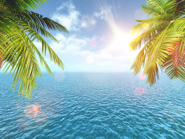 istock 3D tropical landscape with palm trees against the blue ocean 1336077266