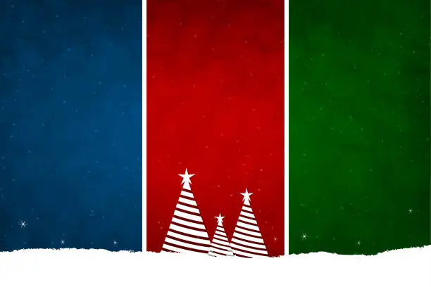 Vector illustration of Horizontal vector illustration of a partitioned or divided backgrounds with three partitions, blue, red and green in contrasting colours with striped trees with stars in the red one and snow at the bottom