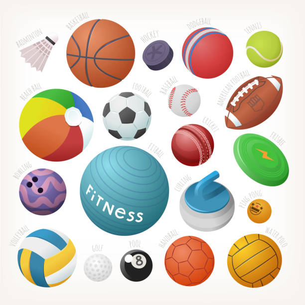 ilustraciones, imágenes clip art, dibujos animados e iconos de stock de variedad de equipamiento deportivo. juego de bolas para todos los juegos con nombres. imágenes vectoriales aisladas. - pelota de ejercicio