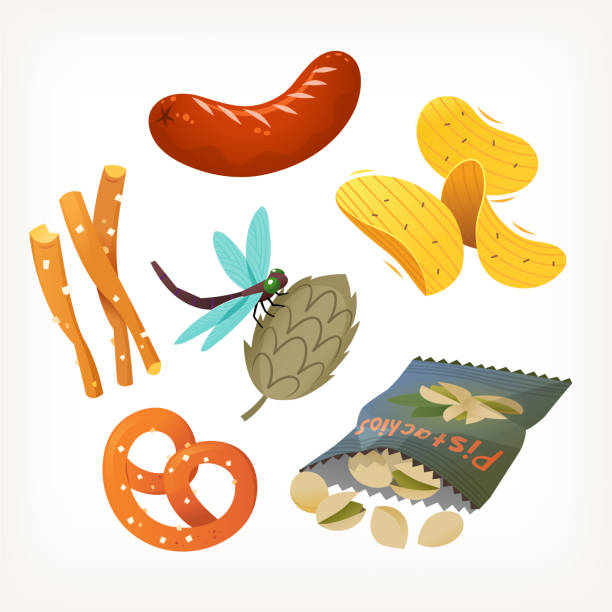 ilustraciones, imágenes clip art, dibujos animados e iconos de stock de conjunto de bocadillos populares para beber pretzels nueces y salchichas. guarniciones de pub de cerveza. - pretzel sesame vector snack