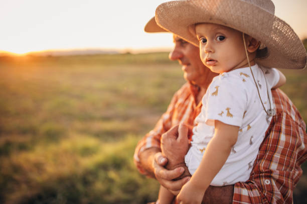 istock Farmer and grandson on a meadow 1336079785
