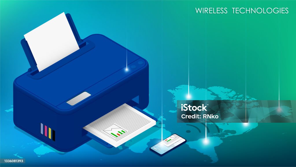 Android Wireless Authentication Printer Technology Wireless Technology Concept Smartphone Sends Document To Printer For ...