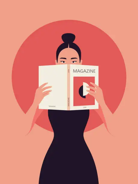 Vector illustration of A young Asian woman is holding an a magazine