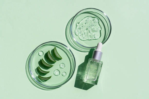 posa piatta di siero cosmetico e vetreria da laboratorio con foglie fresche di aloe vera su sfondo verde brillante. - make up foto e immagini stock