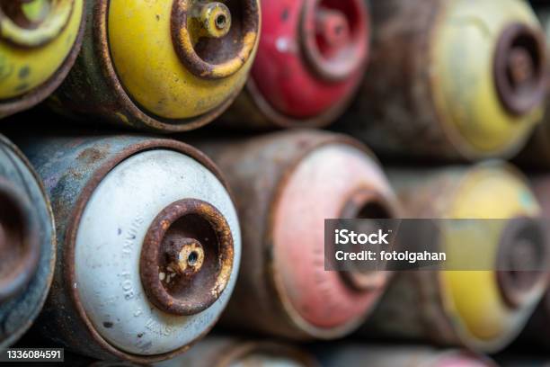 Multicolored Spray Paint Tin Cans Artwork Stock Photo Stock Photo - Download Image Now