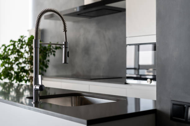 istock Modern black and white themed kitchen with furniture 1336085805