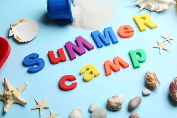 istock Composition with phrase SUMMER CAMP made of magnet letters on light blue background 1336086112