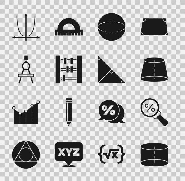 ilustrações de stock, clip art, desenhos animados e ícones de set geometric figure cylinder, magnifying glass with percent, sphere, abacus, drawing compass, graph, schedule, chart, diagram and angle bisector of triangle icon. vector - cylinder chart graph three dimensional shape