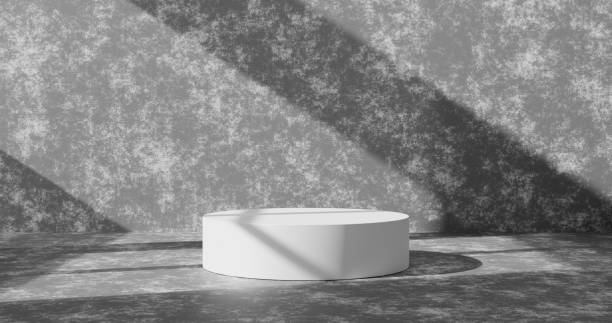 istock Empty cement wall product background or white podium pedestal concrete grunge room backdrop on blank interior studio floor with home display and abstract light wallpaper scene. 3D rendering. 1336087526