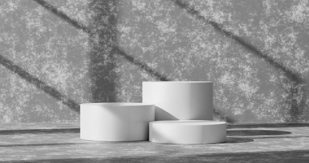 istock Empty cement wall product background or white podium pedestal concrete grunge room backdrop on blank interior studio floor with home display and abstract light wallpaper scene. 3D rendering. 1336087527