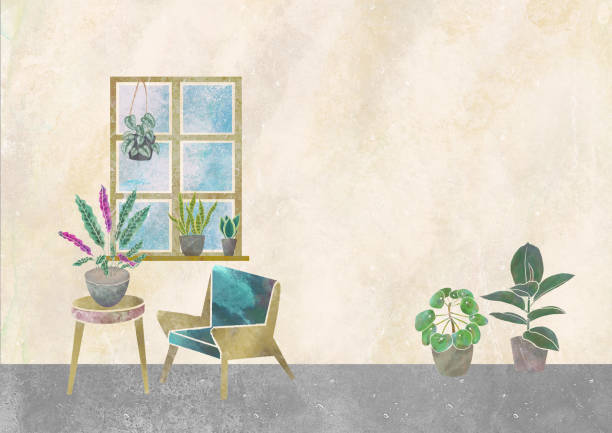 istock Image of houseplants and interior watercolor illustration house 1336088289