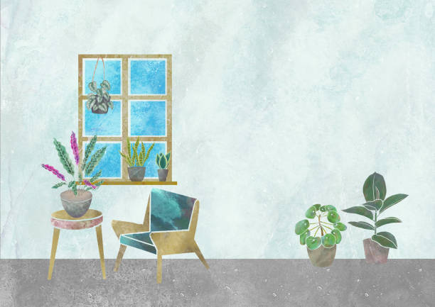 istock Image of houseplants and interior watercolor illustration house 1336088290