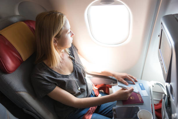 istock Midsection Of Woman Sitting In Airplane 1336088683