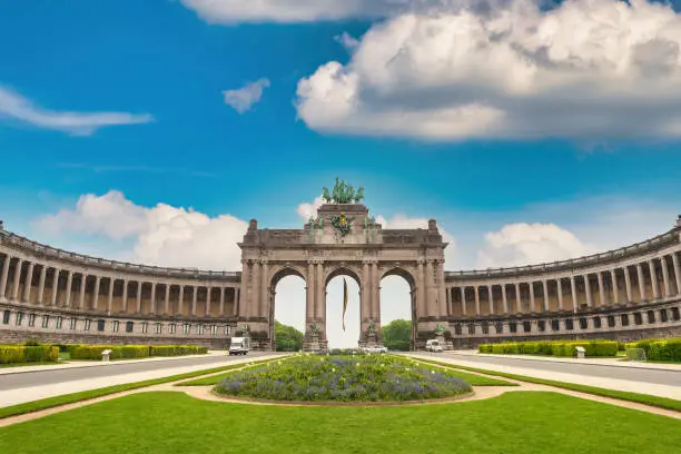 Photo of Brussels Belgium, city skyline at Arcade du Cinquantenaire of Brussels (Arc de Triomphe)