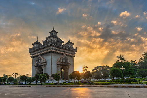 Vientiane Laos, sunrise city skyline at Patuxai (Patuxay) the most famous landmark in Vientiane