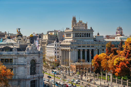 Madrid Spain, high angle view city skyline at Alcala street with autumn foliage season