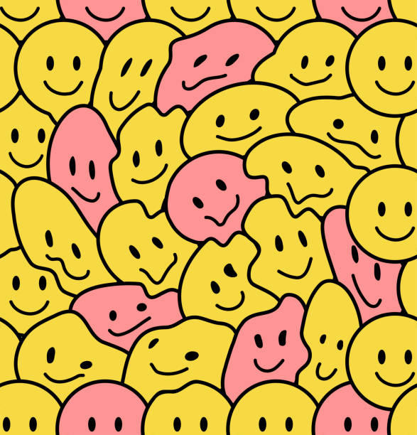 funny smile faces seamless pattern. vector doodle cartoon kawaii character illustration icon design. positive smiley faces,lsd,techno cartoon seamless pattern concept - psikedelik stock illustrations