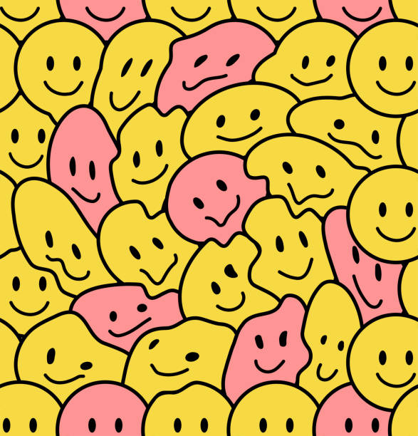 funny smile faces seamless pattern. vector doodle cartoon kawaii character illustration icon design. positive smiley faces,lsd,techno cartoon seamless pattern concept - 圖畫 藝術品 插圖 幅插畫檔、美工圖案、卡通及圖標