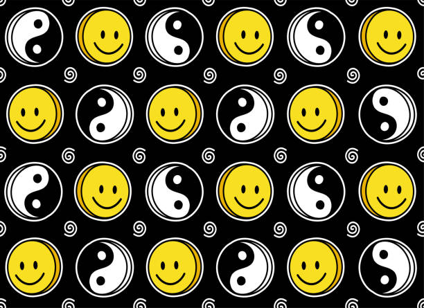 ilustrações de stock, clip art, desenhos animados e ícones de funny smile cute face and yin yang seamless pattern. vector doodle cartoon kawaii character illustration icon design. positive smile faces, yin yang, high,trip,techno cartoon seamless pattern concept - ecstasy
