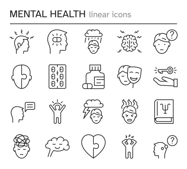 ilustrações de stock, clip art, desenhos animados e ícones de mental health thin line icons set. psychology concept. mono line vector pictograms. editable stroke. - ansiedade