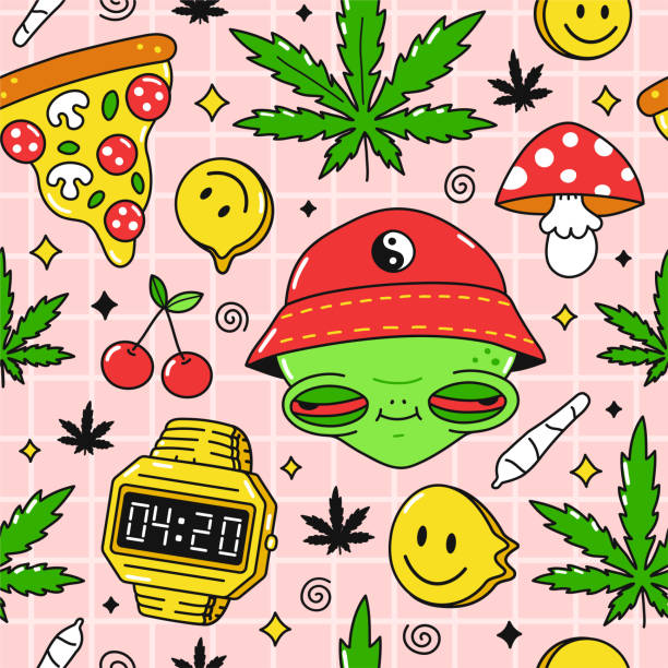 illustrazioni stock, clip art, cartoni animati e icone di tendenza di trippy psichedelico, modello senza cuciture pizzz 420. alieno con gli occhi rossi, alle 4:20 del giorno, foglie di marijuana di intivato. design dell'illustrazione del personaggio dei cartoni animati vettoriali. trippy alieno, fungo, cannabis modello art c - uncultivated