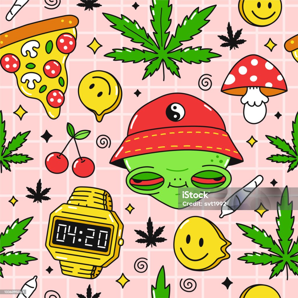 Psychedelic Trippypizzz 420 Seamless Pattern Alien With Red Eyes420 On  Clock Weed Marijuana Leafs Vector Cartoon Character Illustration Design  Trippy Alienmushroomcannabis Pattern Art Concept Stock Illustration -  Download Image Now - iStock