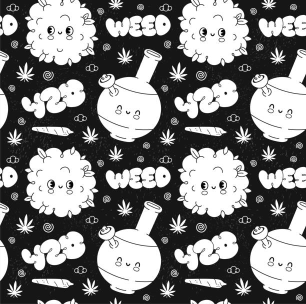 lustiges süßes retro-unkraut marihuana vintage nahtloses muster. vektor handgezeichnete doodle outline cartoon kawaii charakter illustration. trippy, weed, 420 vintage retro cartoon nahtloses musterkonzept - psychedelic smoke colors green stock-grafiken, -clipart, -cartoons und -symbole