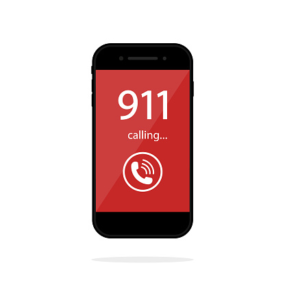 911 call in phone. Number emergency in smartphone screen. Icon of police and help. Alert about fire, accident and danger. Concept of 911 in mobile telephone. Sign of sos. Service of rescue. Vector.