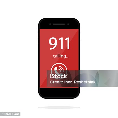 istock 911 call in phone. Number emergency in smartphone screen. Icon of police and help. Alert about fire, accident and danger. Concept of 911 in mobile telephone. Sign of sos. Service of rescue. Vector 1336098441