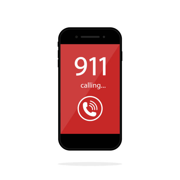 911 call in phone. Number emergency in smartphone screen. Icon of police and help. Alert about fire, accident and danger. Concept of 911 in mobile telephone. Sign of sos. Service of rescue. Vector 911 call in phone. Number emergency in smartphone screen. Icon of police and help. Alert about fire, accident and danger. Concept of 911 in mobile telephone. Sign of sos. Service of rescue. Vector. emergency sign stock illustrations