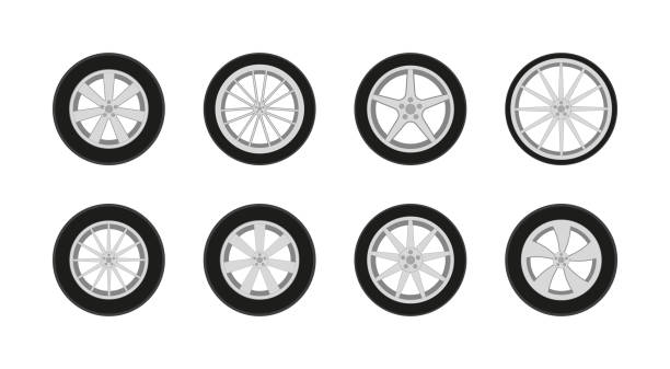 autorad. autoreifen mit felge. ikone des sport-autoreifens. felgensatz aus legierung für lkw und rennauto. design des rades mit stahl und gummi. piktogramm für logo. verschiedene fahrzeugreifen. vektor - tire rim stock-grafiken, -clipart, -cartoons und -symbole