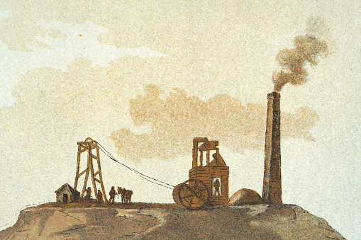 High resolution detail from the The Costume of Yorkshire, by George Walker, 1814, The collier.  Coal mine workings, and Chimney, Charles Brandling colliery, near Leeds, Yorkshire, early 19th Century