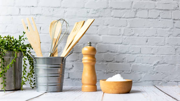 istock Kitchen tools and kitchenware utensil object with ingredients on kitchen shelf wood white for healthy eat and health care life. 1336101259