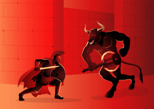 Theseus versus Minotaur Vector illustration of Theseus vs Minotaur, Greek mythology series maze silhouettes stock illustrations