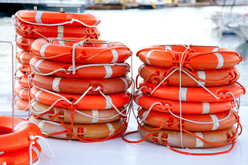 Buoys round lifesaver stacked for boat safety equipment