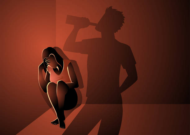 ilustrações, clipart, desenhos animados e ícones de mulher chorando tristemente em um canto com a sombra de um homem bebendo álcool - abuso de álcool