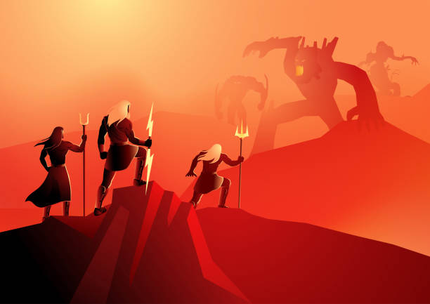 Wars between the Titans and the Olympians Series of Greek mythology, wars between the Titans, the older gods, and the Olympians, a newer generation of gods remarkable hell stock illustrations